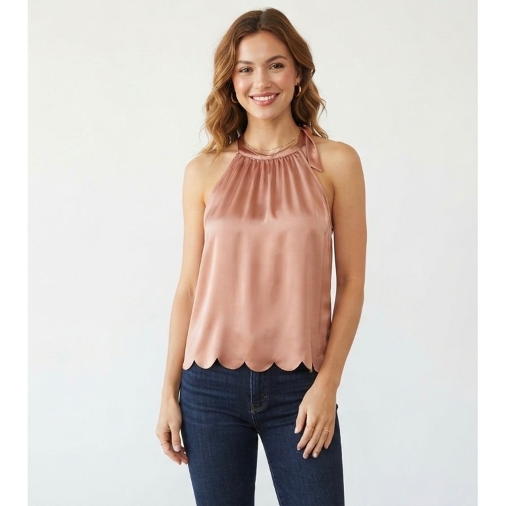 Monteau Los Angeles Rose Gold Satin Scallop Hem Halter Top Blouse Size M NWT